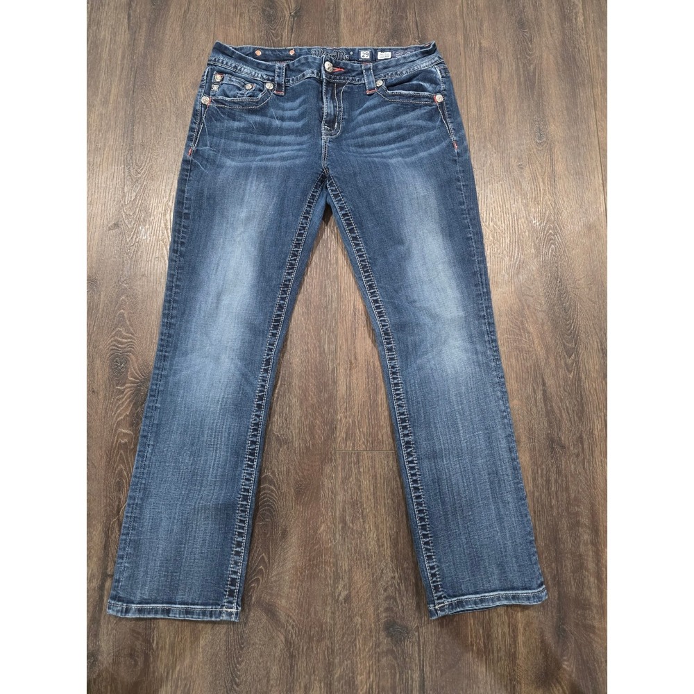 Miss Me Mid Rise Easy Crop Jeans Blue Embroidered Sequined Pockets Womens 29